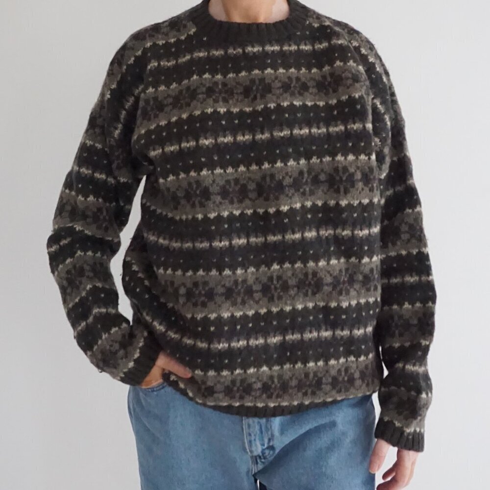 Vintage Outfitters Brown Grey Fair Isle Stripe Wool Sweater Eclectic Grandpa L